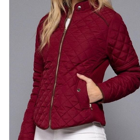 Suede Piping Detail Knit Rib Quilted Padding Jacket Dark Wine - Picture 2 of 7